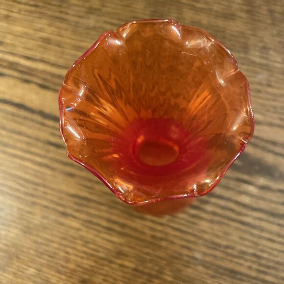 Vintage Orange Red Glass Swung Vase Ribbed Ruffled Stretch 5.75” Depression - Picture 5 of 6